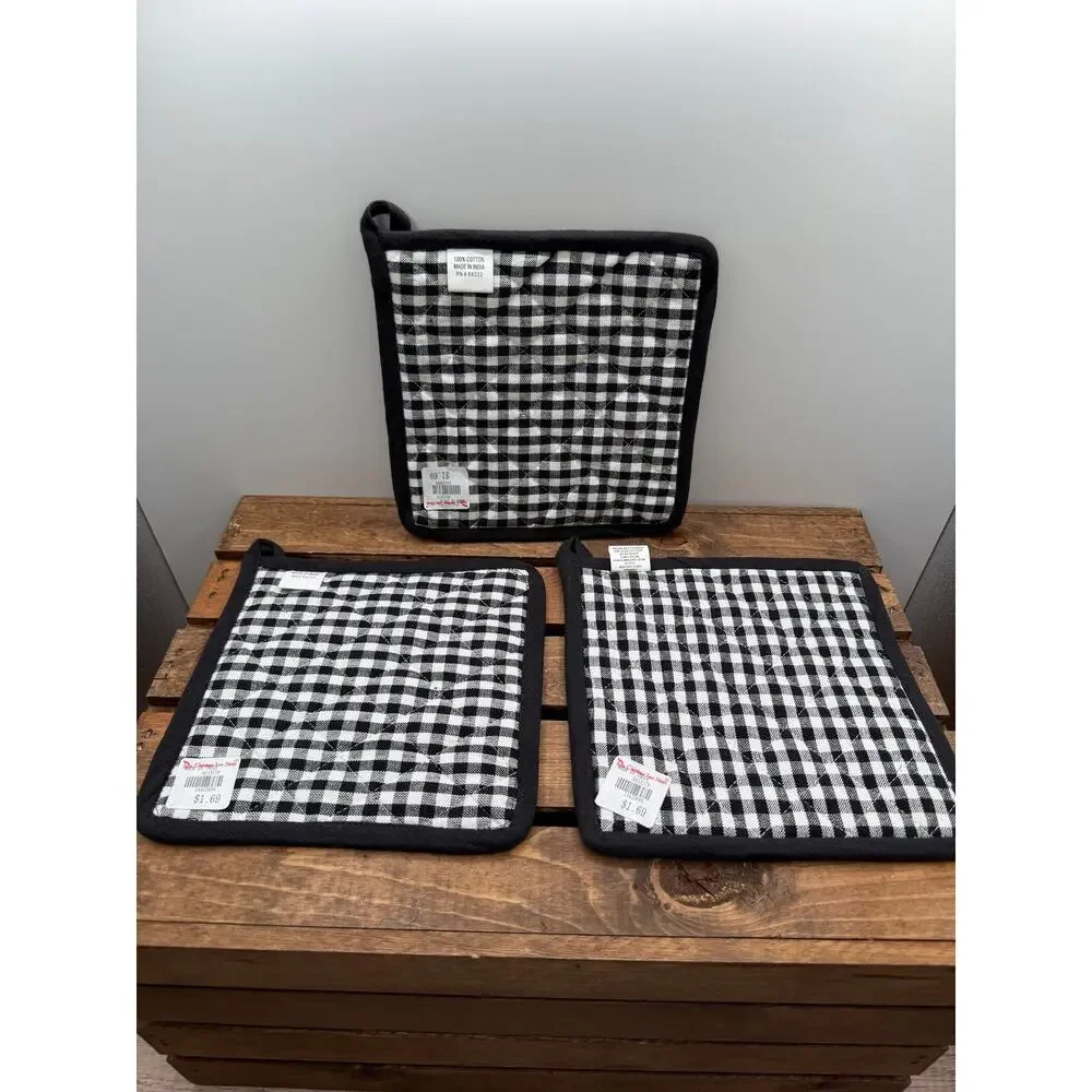 Set of 3 Halloween Pot Holders -Black White Gingham Check Embroidered -Ghost Boo